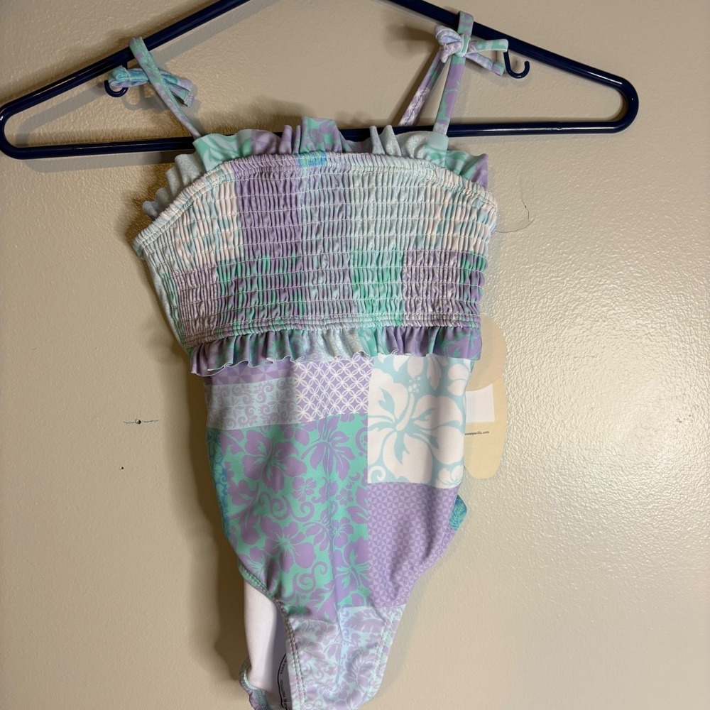 Ocean Pacific Girls Size 8 2 Piece Swimsuit Set Aqua Purple Patchwork Smocked